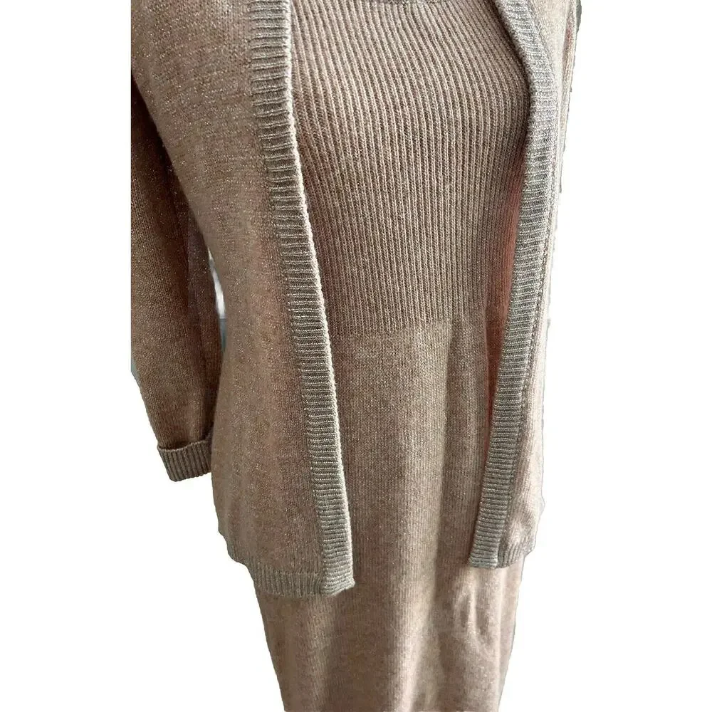 ANNE FOGARTY Vintage 1970s Metallic Knit Sweater Maxi Dress and Cardigan Set MED